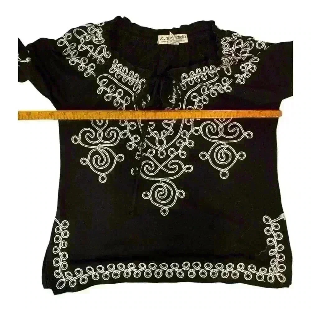 Lauren Michelle Women's XL Black Embroidered Peasant Blouse 3/4 Sleeve - Picture 4 of 5